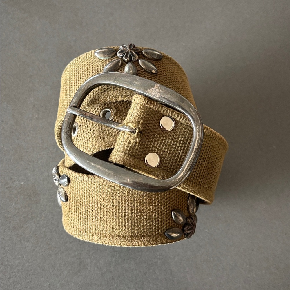 Army green canvas Belt with Floral Accents Hardware